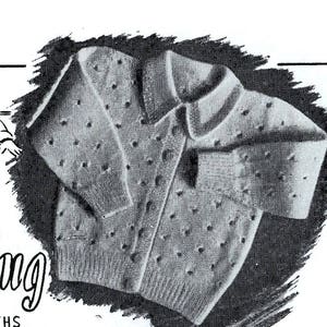 May include: A black and white illustration of a knitted baby cardigan with a button closure and a collar. The cardigan is for a baby aged 6-9 months. The text "Starling" is written below the image.