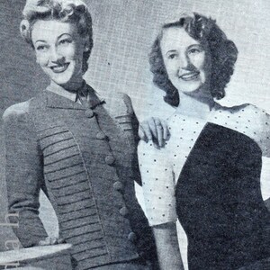 May include: Black and white vintage photograph of two women in stylish outfits. One wears a gray jacket with button details and a skirt. The other wears a black dress with white polka dot sleeves. Text reads "RUTH See page 7" and "PAMELA See page 5".
