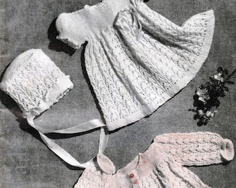 PDF vintage baby knits, 1950s knitting patterns, 20 PDF patterns, matinee coats, bonnets, bootees, frocks, layette, mittens, leggings, vests