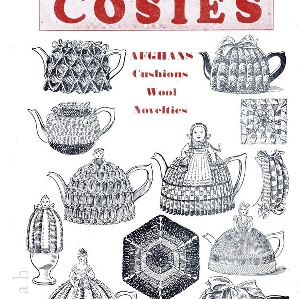 Entire book of 1930s tea cosies, afghans, novelty knits and crochet patterns, 28 vintage patterns, egg cosies, cushions, rugs, pram covers