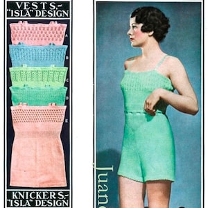 May include: A vintage advertisement for "Isla" design knit vests and knickers. The ad features a woman wearing a green vest and matching knickers, and a close-up of the different styles of vests and knickers available.