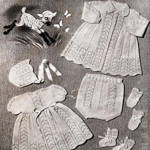 Vintage baby knits, 1950s patterns, 4 layettes, shawl, pram cover, coat dress bootees beret leggings, helmet, pixie bonnet mittens pilches