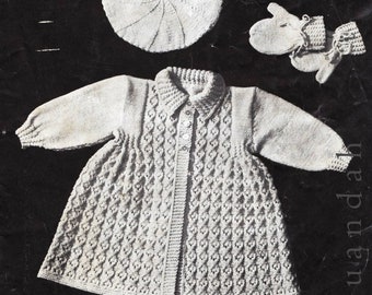 Vintage baby knits, 1950s knitting patterns, 5 PDF patterns, matinee jackets, bonnets, bootees, frock, coats mittens, layette 6 to 18 months