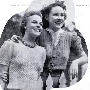 May include: Two women wearing knitted sweaters. The woman on the left is wearing a white sweater with a diamond pattern. The woman on the right is wearing a grey cardigan with buttons. The image includes the text "Design No. 1978" and "Design No. 1905".