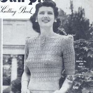 May include: A vintage knitting pattern for a women's sweater with a scalloped design. The pattern is from the "Sun-Glo Knitting Book" and is design number 3009, page 3.