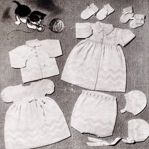 Vintage baby knits, 1950s patterns, 4 layettes, shawl, pram cover, coat dress bootees beret leggings, helmet, pixie bonnet mittens pilches image 4