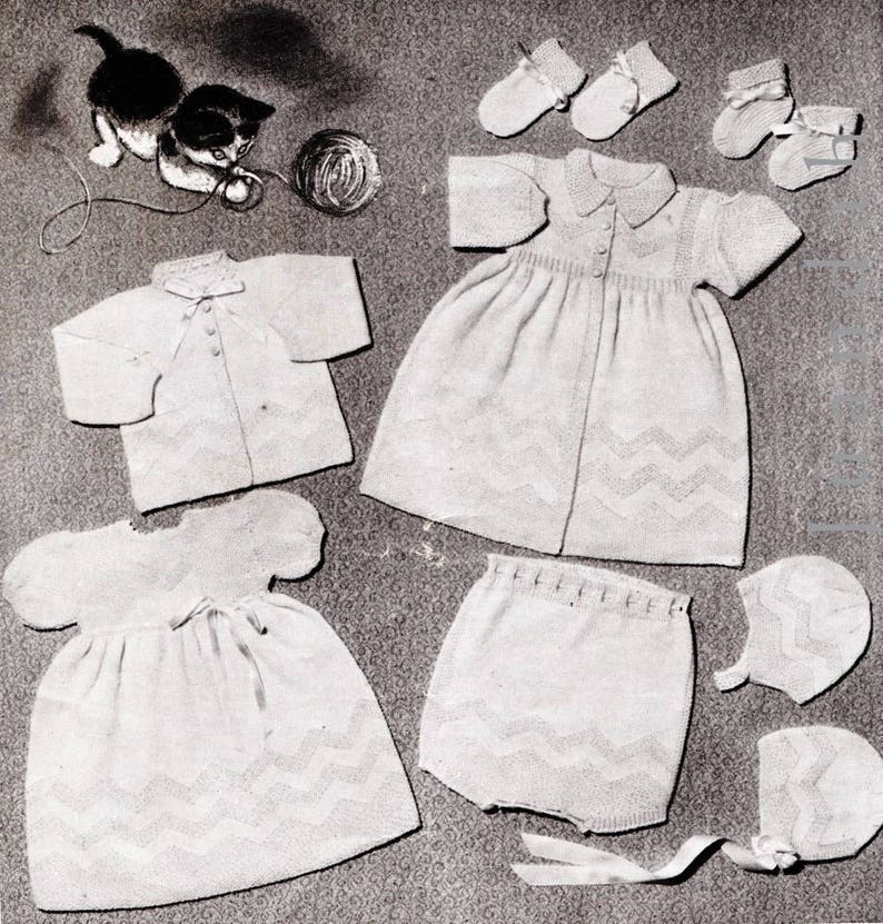 Vintage baby knits, 1950s patterns, 4 layettes, shawl, pram cover, coat dress bootees beret leggings, helmet, pixie bonnet mittens pilches image 4