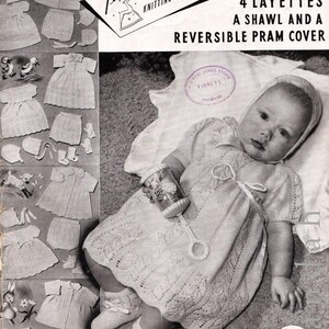 Vintage baby knits, 1950s patterns, 4 layettes, shawl, pram cover, coat dress bootees beret leggings, helmet, pixie bonnet mittens pilches image 7