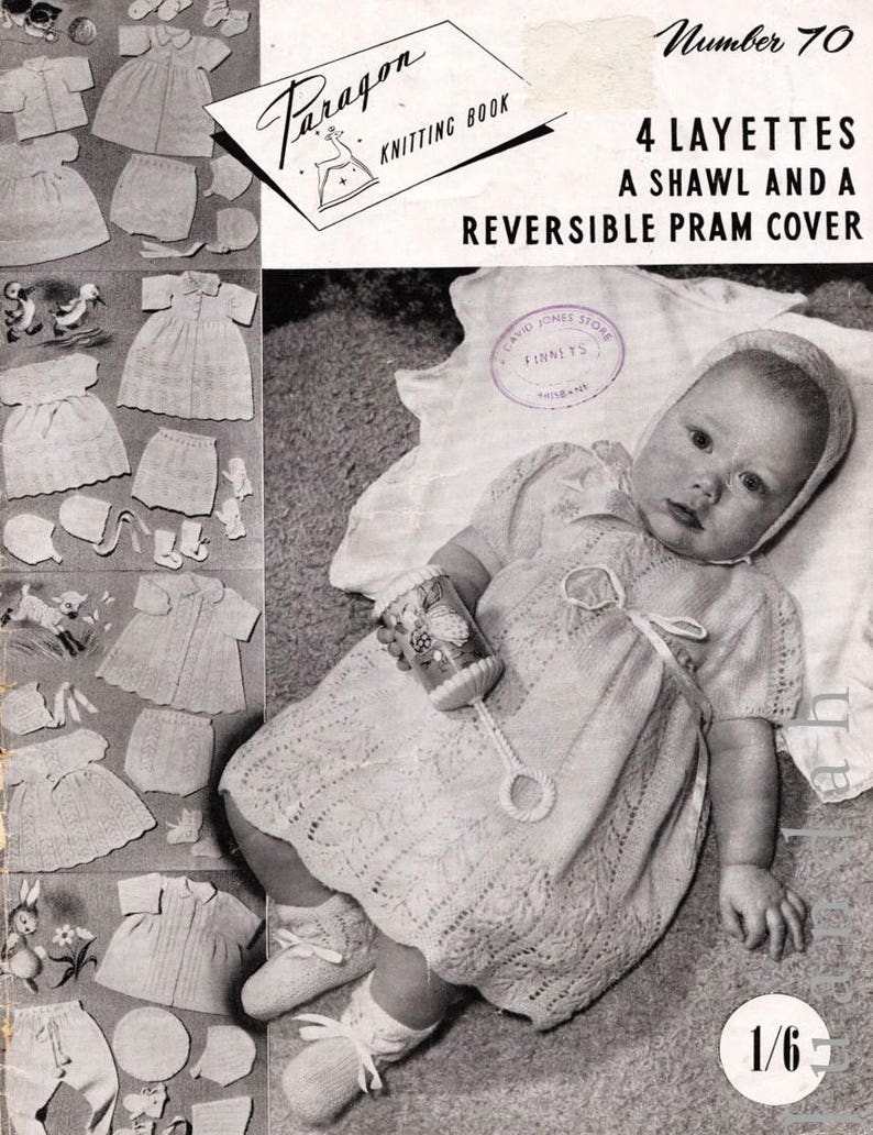 Vintage baby knits, 1950s patterns, 4 layettes, shawl, pram cover, coat dress bootees beret leggings, helmet, pixie bonnet mittens pilches image 7