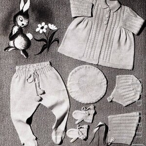 Vintage baby knits, 1950s patterns, 4 layettes, shawl, pram cover, coat dress bootees beret leggings, helmet, pixie bonnet mittens pilches image 6