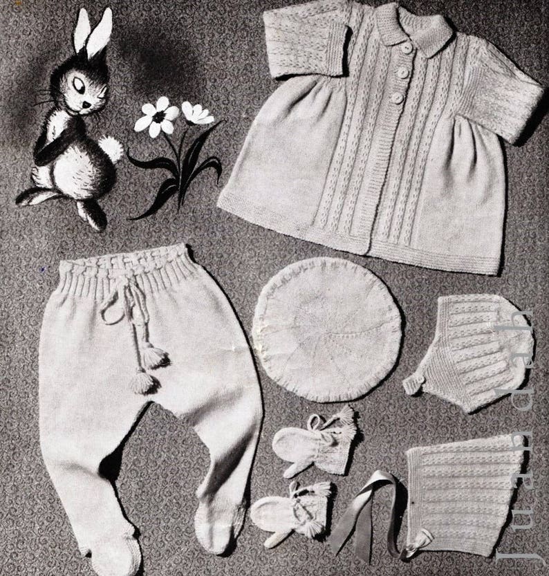 Vintage baby knits, 1950s patterns, 4 layettes, shawl, pram cover, coat dress bootees beret leggings, helmet, pixie bonnet mittens pilches image 6