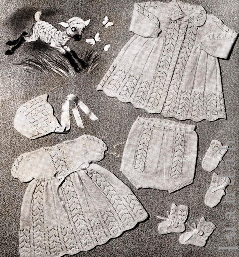 Vintage baby knits, 1950s patterns, 4 layettes, shawl, pram cover, coat dress bootees beret leggings, helmet, pixie bonnet mittens pilches image 1