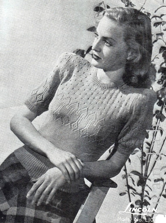 6 x retro knitting patterns, 1940s fashion, women's knits, short sleeve jumpers, jackets, lacy knits, cable knitwear, knitted dress