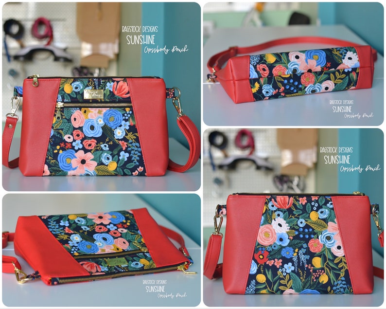Op de afbeelding: Een rode schoudertas met een stoffen paneel met bloemenprint en gouden ritsaccenten. De tas heeft een zwarte achtergrond met kleurrijke bloemen en bladeren. De tekst "Bagstock Designs Sunshine Crossbody Pouch" is op de tas gedrukt.