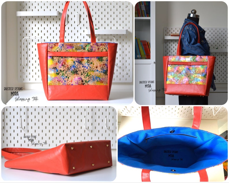 May include: A red tote bag with a colorful, abstract print. The bag has a blue lining and a zippered pocket inside. The bag has gold accents and a "Bagstock Designs Myra Shopping Tote" label.