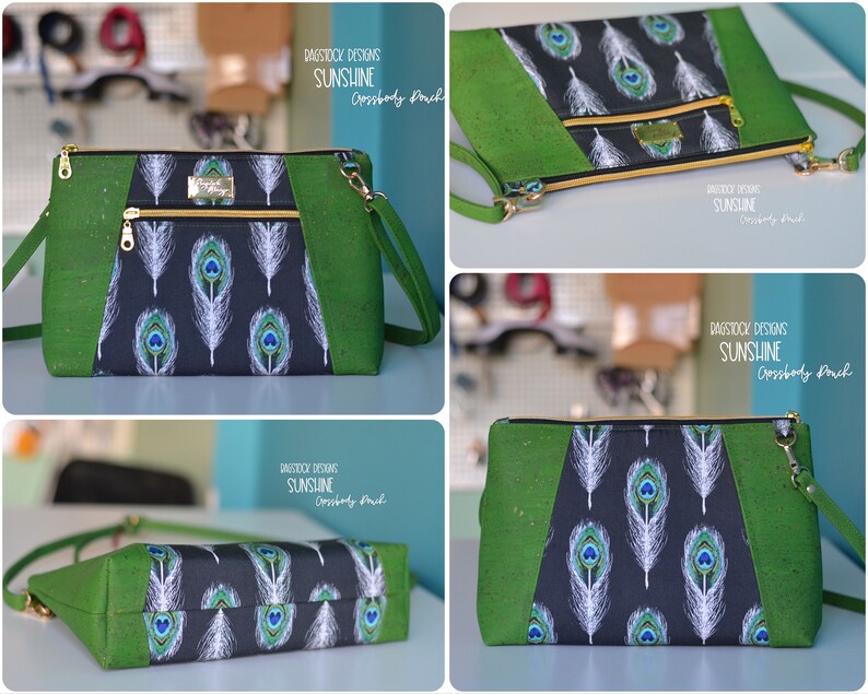 Op de afbeelding: Een groene en zwarte crossbody tas met een pauwenverenpatroon. De tas heeft een ritssluiting en een gouden kettingriem. De tas is gemaakt van kurk en stof.
