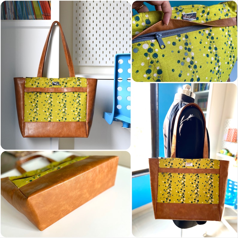 May include: A brown and green tote bag with a zippered pocket and a brown leather bottom. The bag has a green and white polka dot pattern with a green and white floral design.