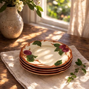 May include: A stack of four ceramic plates with a cream-colored surface and a decorative border. Each plate features a design of red plums and green leaves. The plates rest on a beige linen napkin on a wooden table.