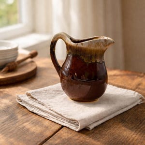 May include: A brown ceramic pitcher with a handle and spout, resting on a folded beige linen napkin. The pitcher has a glossy finish with a lighter brown rim. The scene is set on a wooden table.