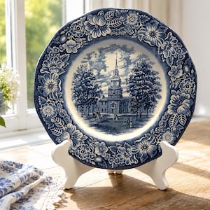 May include: A blue and white decorative plate with a floral border and a central scene of a building with a tall spire, displayed on a white stand. The plate has a vintage aesthetic and is set on a wooden surface.
