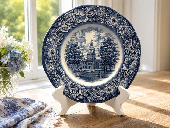Vintage Liberty Blue Dinner Plate Misprint - Americana Patriotic Decor - Independence Hall Staffordshire Transferware