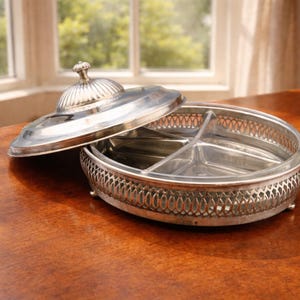 Vintage Silverplate Covered Condiment Server with Divided Glass Insert - 3 Section Relish Dish Q