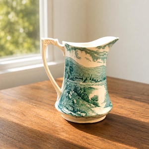 May include: A cream-colored ceramic pitcher featuring a detailed teal-green transferware landscape print. The design depicts a rural scene with rolling hills, trees, and buildings. The pitcher has a curved handle and a wide, flared pouring spout.