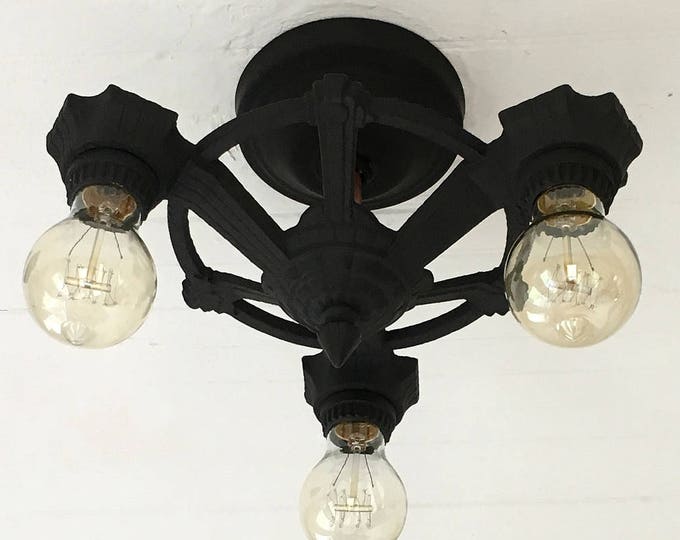 Petite Farmhouse Semi Flush Mount Ceiling Light Fixture, 1910's Cast Iron, Refinished Charcoal Black, Ready to Install, Low Ceilings