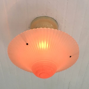 Farmhouse 3 Chain Semi Flush Ceiling Light, 1930&#39;s, Pink Glass Art Deco, Rewired and Ready to Install