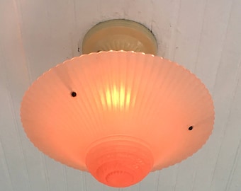 Farmhouse 3 Chain Semi Flush Ceiling Light, 1930's, Pink Glass Art Deco, Rewired and Ready to Install