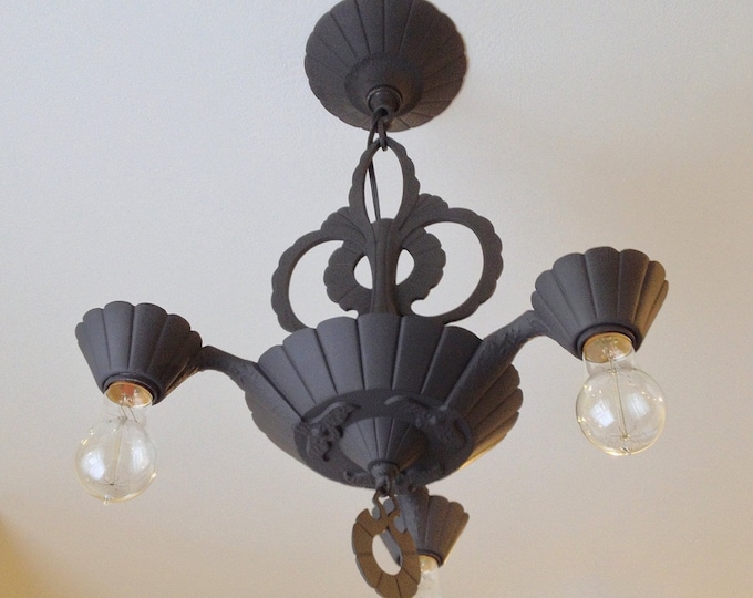 Farmhouse Art Deco Hanging Ceiling Fixture, Charcoal Black, 1920's Cast Iron, Rewired, Ready to Install. Manufacturer Electrolier