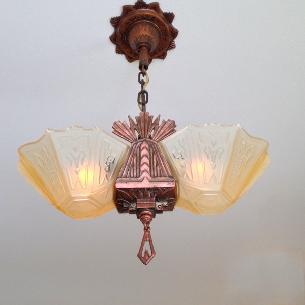 Art Deco opknoping Slip schaduw kroonluchter, 1910's, 2 licht, herbedraad en hersteld, gegoten koper, keuken, eetkamer, Entry, Foyer, slaapkamer