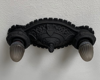 Antique Flush Mount Ceiling Fixture, Coat of Arms, 1920's Heavy Cast Iron, Refinished Charcoal Black, Rewired