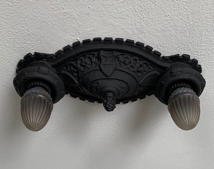 Antique Flush Mount Ceiling Fixture, Coat of Arms, 1920's Heavy Cast Iron, Refinished Charcoal Black, Rewired