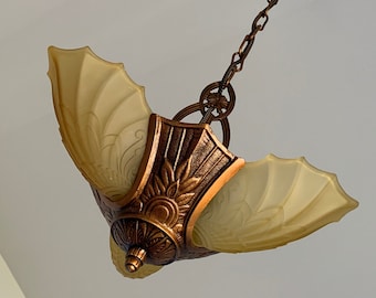 Antique Hanging 3 Bulb Slip Shade Chandelier, 1920's Cast Bronze, Rewired/Restored, Moe Bridges, Satin Amber Angle-Wings Glass Shades