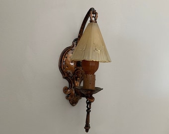 1907 Antique Slip Shade Wall Sconce, Single Bulb Spanish Revival, Gothic , Restored/Rewired, Deep Bronze, Ready to Install