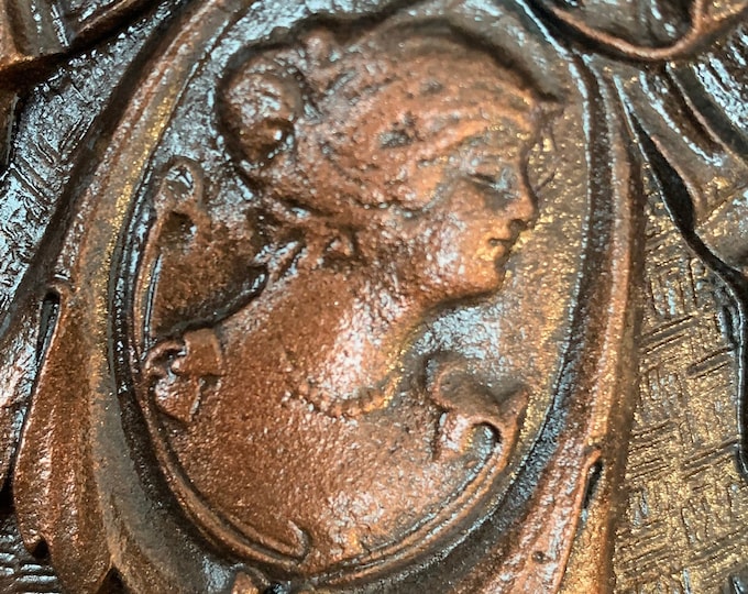 Antique Heavy Cast Iron Flush Mount Ceiling Fixture, 1910's with Cameo Bust, Hand Painted 6 Shades of Copper Decor
