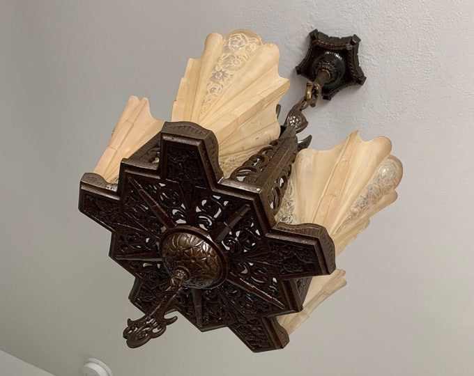 Antique Hanging Slip Shade Ceiling Light, 1910s Five Bulb Consolidated, Restored/Rewired, Original Deep Bronze Decor, Ready to Install