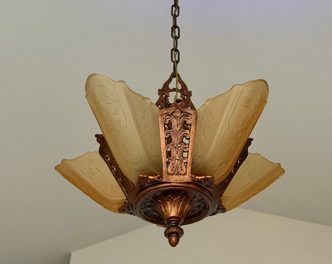 Antique Hanging 5 Light Slip Shade Chandelier, 1920's Cast Iron, Rewired/Restored, Moe Bridges, Satin Vaseline Honey Shades, Tall Ceilings