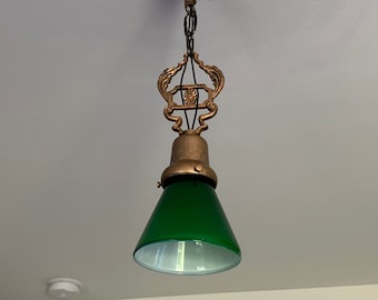 Hanging Vintage/Antique Green Parlor Chandelier, 1930/40 Single Bulb, Cast Iron, Rewired/Restored, Bronze Decor, Small