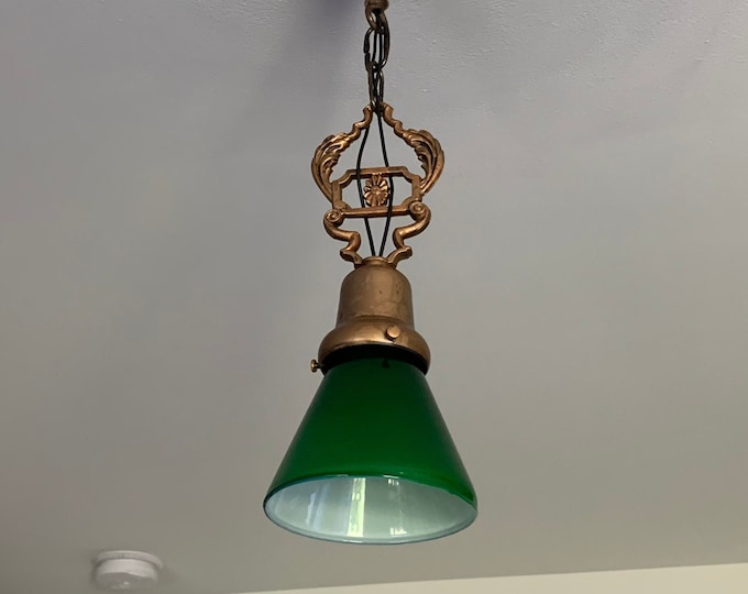 Hanging Vintage/Antique Green Parlor Chandelier, 1930/40 Single Bulb, Cast Iron, Rewired/Restored, Bronze Decor, Small