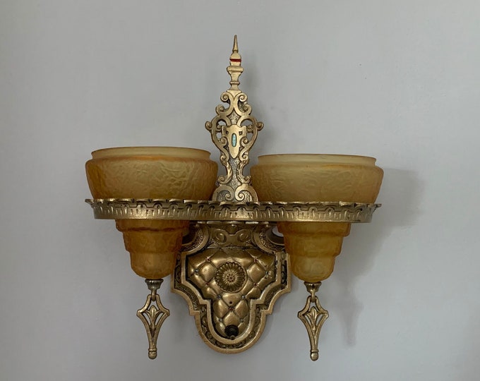 Antique Slip Shade Wall Sconce, 1910's Two Bulb, Retouched/Rewired, Honey-Amber Glass Shades, Beardslee
