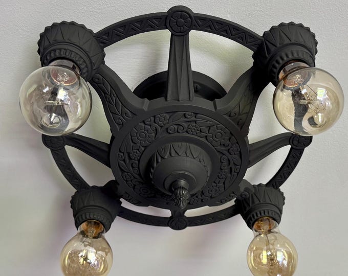 Antique Semi Flush Ceiling Fixture, 1910's Heavy Cast Iron, Charcoal Black, Rewired/Refinished, Short Ceilings, Ready to Install, Lincoln
