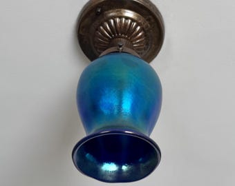Antique Cobalt Blue and Deep Purple Art Glass Shade Semi-Flush Ceiling Fixture, Bronze Base Decor, Ready to Install