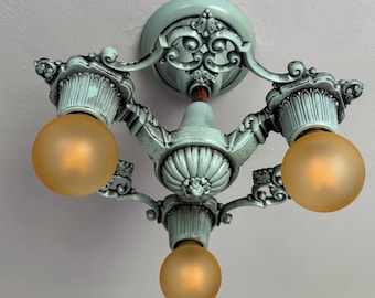 Semi Flush Mount (Or Hanging) Light Fixture, 1920's Riddle Company, Refinished Robin Egg Blue