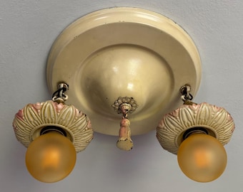 1910's Antique Two Bulb Flush-Mount Light Fixture, Original Ivory Decor with Pink Accents, Pressed Brass, Kitchen, Dining Room, Entry, Foyer