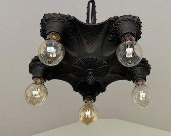 Hanging Ceiling Light, 1920's Cast Iron, Art Deco, Markel Web Design, Charcoal Black, Rewired and Ready to Install
