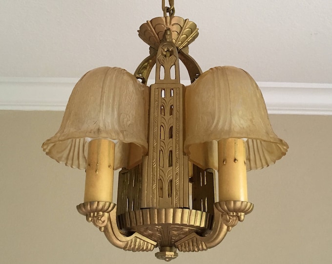 Antique Hanging 5 Light Slip Shade Chandelier, c1907 Cast Iron Art Deco, Rewired Restored, Satin Honey Shades, Kitchen Dining