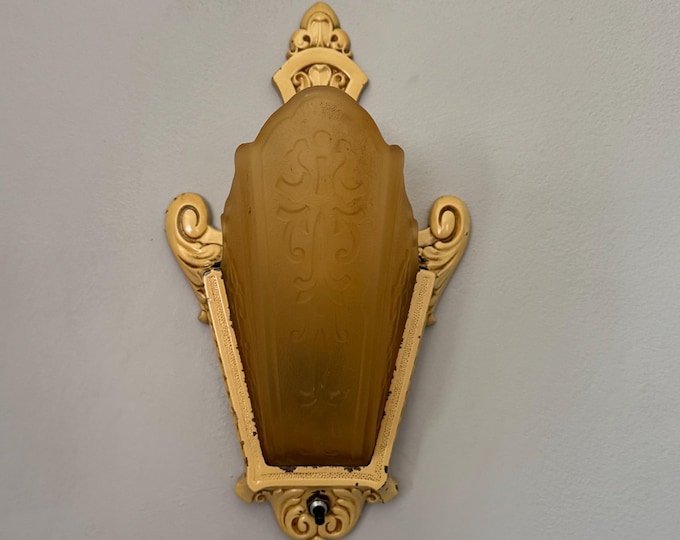 Antique Slip Shade Wall Sconce, 1920's Single Bulb, Heavy Cast Iron, Retouched and Rewired, Moe Bridges, Amber-Honey Vaseline Glass Shade