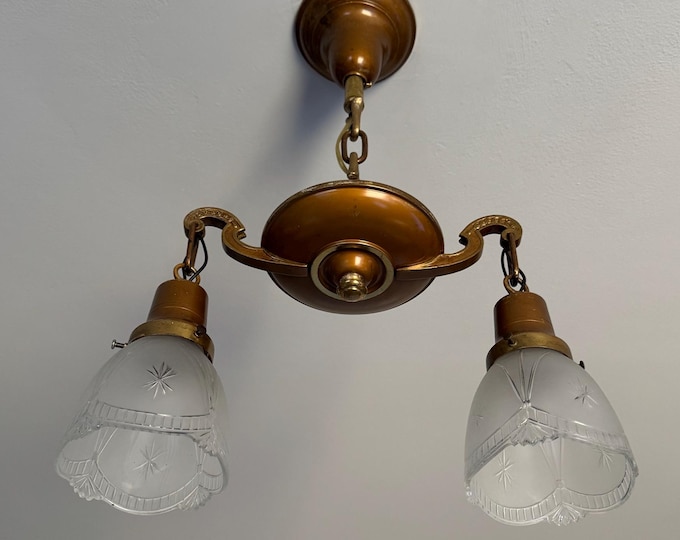 1910 Antique Hanging 2 Bulb Chandelier, Pan Light with 1911 Glass Shades, Original Decor, Patina/Tarnish, Rewired and Ready to Install